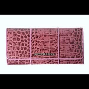 Judith Ripka Wallet Genuine Croco Embossed Leather Flap Clutch Purse Violet